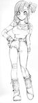  absurdres asymmetrical_clothes asymmetrical_hair bandaid bandaid_on_face bandaid_on_knee boots breasts bulma cleavage denim dragon_ball dragon_ball_(classic) full_body goggles goggles_around_neck greyscale hand_on_hip highres jeans lineart medium_breasts miwa_yoshiyuki monochrome one_side_up pants single_pantsleg solo torn_clothes torn_jeans torn_pants 