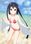  2011 beach bikini black_hair brown_eyes dated day errant k-on! long_hair nakano_azusa navel outdoors polka_dot polka_dot_bikini polka_dot_swimsuit solo swimsuit twintails water 