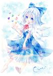  arm_up bad_id bad_pixiv_id barefoot blue_dress blue_eyes blue_hair bow cirno dress gem hair_bow necktie nonaka open_mouth short_hair smile snowflakes solo touhou wings 