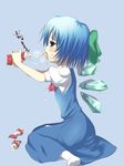  blue_eyes blue_hair blush bow child cirno dress hair_bow level.21 sexually_suggestive short_hair sitting solo suggestive_fluid touhou translation_request wariza wings 
