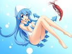  barefoot blue_eyes blue_hair hat ikamusume shinryaku!_ikamusume shrimp swimsuit 