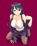  adder arm_support bare_shoulders belt breasts cleavage jewelry kneeling large_breasts long_hair necklace original pantyhose red_eyes skirt solo 