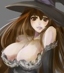  bare_shoulders breasts brown_eyes brown_hair cleavage detached_sleeves dragon's_crown dress dtcy hat large_breasts lips long_hair solo sorceress_(dragon's_crown) strapless strapless_dress witch_hat 