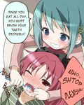  2girls @_@ blue_eyes blue_hair blush brushing_teeth hard_translated long_hair mahou_shoujo_madoka_magica miki_sayaka multiple_girls nekokan_(cat&#039;s_cradle) nekokan_(cat's_cradle) ponytail red_eyes red_hair sakura_kyouko school_uniform short_hair tears toothbrush translated 