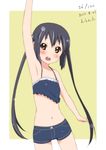  2011 arm_up armpits black_hair brown_eyes camisole casual crop_top dated errant k-on! long_hair nakano_azusa navel short_shorts shorts solo thigh_gap twintails waving 