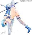  bad_id bad_pixiv_id bdsm blue_eyes blue_hair blush bondage boots bound bound_leg bound_wrists breasts cape censored chain dripping ginko_(silver_fox) hanging_breasts large_breasts leg_up magical_girl mahou_shoujo_madoka_magica miki_sayaka navel nipples no_pants pubic_hair pussy short_hair solo split sword thighhighs torn_clothes upside-down watermark weapon web_address wet white_legwear 