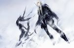  alicia_(claymore) armor beth_(claymore) blonde_hair bodysuit cape claymore claymore_(sword) gloves grey_eyes highres jian_huang lips long_hair monster multiple_girls snow sword weapon 