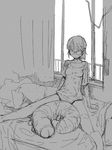  bed bottomless caterpillar curtains glasses greyscale monochrome original railing sexually_suggestive shimimaru shirt short_hair sitting sketch solo spread_legs sweat t-shirt window 