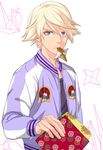  blonde_hair ivan_karelin jacket letterman_jacket male_focus mikanoff origami paper_crane purple_eyes purple_jacket shuriken solo tiger_&amp;_bunny 