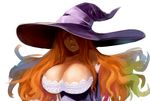  bare_shoulders breasts brown_hair cleavage detached_sleeves dragon's_crown dress hat hat_over_one_eye kansou_samehada large_breasts long_hair red_eyes solo sorceress_(dragon's_crown) strapless strapless_dress witch_hat 