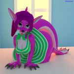  3d_(artwork) all_fours bed bedroom breasts canine claws cleavage clothed clothing digital_media_(artwork) dress female grainy jesterkatz mammal morning non-mammal_breasts pink_scales scales scalie solo sunrise tongue tongue_out wide_hips window 