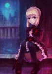  artoria_pendragon_(all) bad_id bad_pixiv_id blonde_hair cityscape dark_excalibur excalibur fate/stay_night fate_(series) frills full_moon gothic_lolita lolita_fashion moon pantyhose qin saber_alter shoes sitting solo sword weapon yellow_eyes 