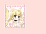  animal_ears blonde_hair blue_eyes blush collar fang pink tail wolfgirl 