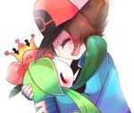  black_(pokemon) blush boy brown_hair closed_eyes crown eyes_closed flower hat lilligant lowres nintendo plant plant_girl pokemon pokemon_(game) pokemon_bw smile touya_(pokemon) 