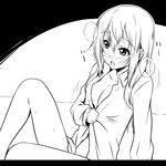  blush greyscale heavy_breathing ikari_manatsu k-on! long_hair monochrome no_bra open_clothes open_shirt saitou_sumire sexually_suggestive shirt solo 