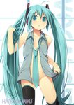  aqua_eyes aqua_hair bottomless censored convenient_censoring flat_chest fujishiro_touma groin hair_flip hand_in_hair hatsune_miku highres long_hair necktie open_clothes open_shirt shirt solo thighhighs undressing very_long_hair vocaloid 