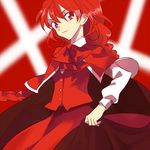  bow braid cape capelet cross dress long_hair makiko okazaki_yumemi red red_background red_capelet red_dress red_eyes red_hair ribbon smile solo touhou touhou_(pc-98) 