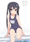  2011 :o arm_support barefoot black_hair blush brown_eyes dated errant k-on! long_hair nakano_azusa name_tag one-piece_swimsuit school_swimsuit sitting solo swimsuit translated twintails very_long_hair water 