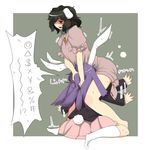  animal_ears black_hair blush bunny_ears bunny_tail carrot carrot_necklace chiyoshi_(sevendw) commentary_request fang forced hand_on_another's_head inaba_tewi jewelry kneehighs knees_together_feet_apart multiple_girls necklace panicking peeing pendant purple_hair red_eyes reisen_udongein_inaba short_hair simple_background sitting spread_legs sweat tail touhou trembling white_legwear yuri 