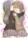  akiyama_mio alice-yuki bad_id bad_pixiv_id black_hair blush brown_hair closed_eyes hug k-on! kiss long_hair multiple_girls one_eye_closed short_hair skirt tainaka_ritsu yuri 