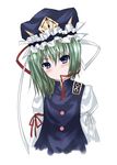  banned_artist blue_dress blue_eyes blush dress green_hair hat head_tilt highres mouth_hold ribbon ribbon_in_mouth shiki_eiki shirt short_hair solo tamazusa touhou upper_body 