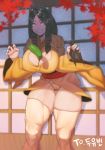 1girl between_breasts black_hair boruto:_naruto_next_generations breasts cameltoe cleavage curvy daft_v_lim grin hyuuga_hanabi japanese_clothes kimono kunai large_breasts lavender_eyes legs long_hair looking_at_viewer muscle muscular_female naruto naruto_(series) pickle smile solo standing teeth thick_thighs thighhighs thighs thong weapon 
