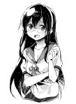  1girl black_hair breasts cleavage commentary_request glasses greyscale hairband kantai_collection long_hair monochrome ooyodo_(kantai_collection) ribbon school_uniform semi-rimless_eyewear serafuku short_sleeves under-rim_eyewear watarai_keiji 