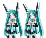  clone cosplay detached_sleeves green_eyes green_hair hatsune_miku hatsune_miku_(cosplay) heart heart_hands hiiragi_kagami long_hair lucky_star multiple_girls rindou_(awoshakushi) robot_ears stereogram thighhighs twintails vocaloid 