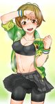  bike_shorts blush breasts brown_eyes brown_hair cameltoe covered_nipples houndstooth jacket medium_breasts mimonel open_mouth persona persona_4 pleated_skirt satonaka_chie short_hair skirt sleeves_rolled_up smell smiley_face solo sports_bra sweat wristband 