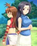  ahoge back-to-back bare_shoulders blue_hair brown_hair dress green_eyes idolmaster idolmaster_(classic) idolmaster_dearly_stars long_hair miura_azusa muhi11234 multiple_girls red_eyes sakurai_yumeko side_ponytail turtleneck 