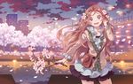  bf._(sogogiching) bridge cherry_blossoms cityscape flower long_hair original skirt solo water 