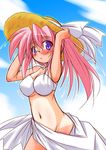  adjusting_clothes adjusting_hat bikini blush breasts cleavage glasses groin hat large_breasts long_hair lucky_star midriff navel no_panties pink_hair purple_eyes sarong side_ponytail solo swimsuit takara_miyuki tan tanline umesato_yukino white_sarong 