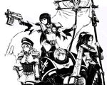  adepta_sororitas adeptus_astartes akemi_homura banner battle_standard bolter breastplate chainsword commissar drill_hair eldar epaulettes fang farseer fingerless_gloves flag gloves greyscale gun hat heresy long_hair mahou_shoujo_madoka_magica midriff miki_sayaka monochrome multiple_girls parody pauldrons peaked_cap polearm ponytail power_armor ribbon sakura_kyouko short_hair skull spear sword that_storyteller tomoe_mami warhammer_40k weapon 