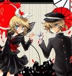  1boy 1girl abstract_background alternate_costume black_skirt blonde_hair blue_eyes bow boy boy_and_girl cap collar female girl gloves hair_bow hair_ornament hairclip hat jacket kagamine_len kagamine_rin male mimia_(slzero) ponytail popped_collar sailor_collar school_uniform serafuku skirt uniform vocaloid 