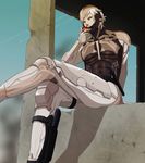  blue_eyes cyborg food fruit gb_(doubleleaf) grey_hair knife male_focus metal_gear_(series) metal_gear_solid metal_gear_solid_4 raiden sitting solo watermelon weapon 