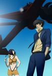  1girl 2011 belt black_hair blue_background breasts cigarette cleavage cowboy_bebop crop_top faye_valentine gb_(doubleleaf) glasses hands_in_pockets headband highres large_breasts lens_flare midriff navel necktie open_fly short_hair shorts spike_spiegel sunglasses unzipped 