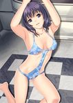  armpits bare_legs barefoot breasts checkered checkered_floor cleavage copyright_request face kneeling legs medium_breasts one-piece_swimsuit open_mouth purple_eyes purple_hair short_hair solo swimsuit tateichi 