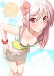  bikini blush breasts camisole cleavage collarbone downblouse face flower foreshortening from_above german hibiscus kinugasa_yuuichi long_hair medium_breasts midriff navel original pink_eyes pink_hair shorts smile solo strap_slip swimsuit translated undressing 