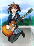  brown_eyes brown_hair gabao. guitar highres hirasawa_yui instrument jumping k-on! pantyhose school_uniform short_hair solo 