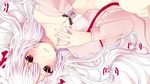  bad_id bad_pixiv_id blush bow bra fujiwara_no_mokou hair_bow komine lace lace-trimmed_bra lingerie long_hair lying midriff on_back open_clothes open_shirt red_eyes shirt silver_hair solo touhou underwear white_bra 