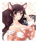  1girl ahoge animal_ears araragi_koyomi bad_id bad_pixiv_id bakemonogatari black_hair border breasts checkered checkered_background cleavage glasses hanekawa_tsubasa large_breasts long_hair miniboy monogatari_(series) nekomonogatari oluha open_mouth pajamas purple_eyes 