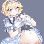  alice_margatroid alternate_costume bad_id bad_pixiv_id black_gloves blonde_hair blue_eyes capelet eyelashes geppewi gloves hairband jewelry midriff navel puppet_rings ring shirt_lift short_hair simple_background smile solo touhou upper_body 
