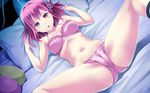  ahoge bed bra cameltoe d: game_cg hair_ornament lingerie navel open_mouth panties pillow pillow_grab pink_bra pink_panties red_eyes red_hair sekitsu_ayaka short_hair spread_legs tel-o underwear underwear_only yamiyo_ni_odore 