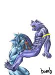  anthro blue blue_fur blue_hair bomb_(artist) duo feline fur gay hair male mammal oral plain_background white_background 