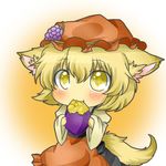  aki_minoriko animal_ears bad_id bad_pixiv_id blonde_hair blush cat_ears cat_tail chibi eating fang food fruit grapes hat holding holding_food holding_fruit kemonomimi_mode long_sleeves rebecca_(keinelove) shirt sitting skirt solo sweet_potato tail touhou yellow_eyes 