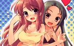  2_girls 2girls asahina_mikuru blush breasts brown_hair cleavage fangs green_hair highres multiple_girls suzumiya_haruhi_no_yuuutsu tears tsuruya 