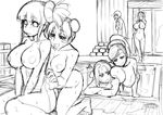  6+girls barefoot breast_envy breasts haruno_sakura huge_breasts hyuuga_hinata konakona large_breasts monochrome multiple_girls naruto nude shizune_(naruto) sketch tenten tsunade yamanaka_ino yuri 