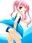  ;d ass double_bun empty_x_embryo fushimi_makina highres inflatable_dolphin inflatable_toy looking_back muririn one-piece_swimsuit one_eye_closed open_mouth pink_eyes pink_hair school_swimsuit smile solo swimsuit twintails 