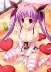  :d absurdres areola_slip areolae breasts carrot cleavage dress heart heart_pillow highres long_hair medium_breasts mikeou open_mouth original pillow purple_hair red_eyes slippers smile solo striped striped_legwear sweater sweater_dress thighhighs twintails 