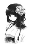  flower greyscale hair_flower hair_ornament hieda_no_akyuu japanese_clothes kimono monochrome peony_(flower) short_hair smile socha solo string touhou 